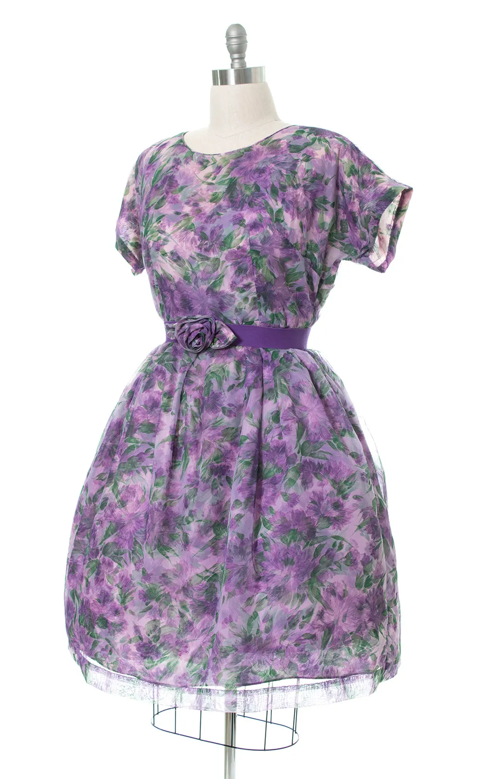 1950s Floral Chiffon Layered Party Dress | x-large