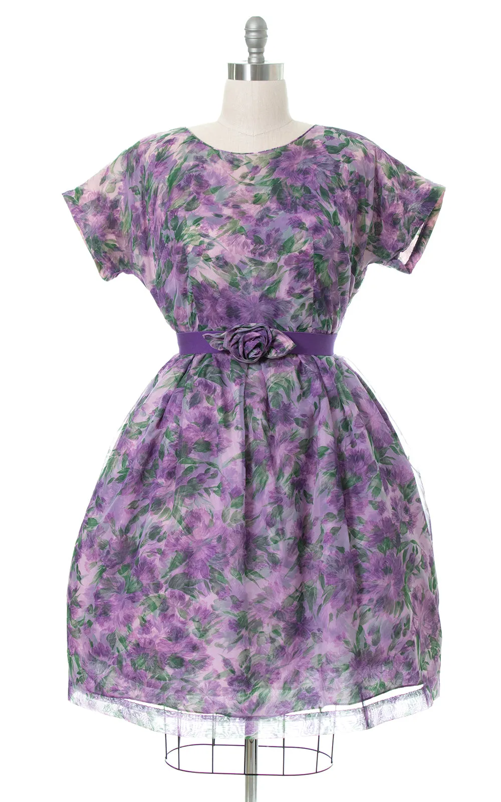 1950s Floral Chiffon Layered Party Dress | x-large
