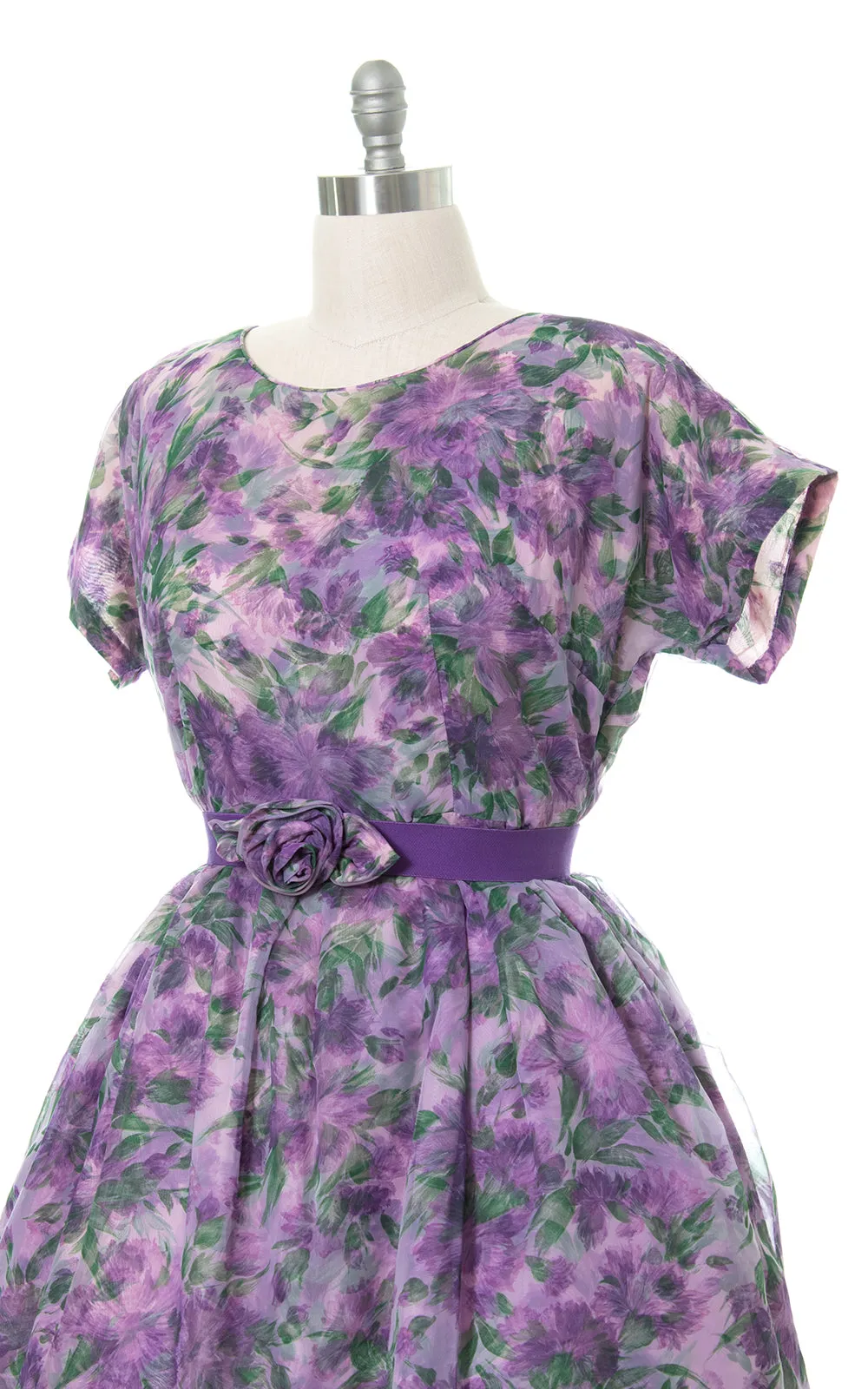 1950s Floral Chiffon Layered Party Dress | x-large