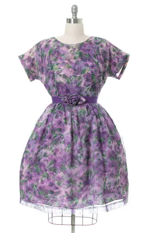 1950s Floral Chiffon Layered Party Dress | x-large