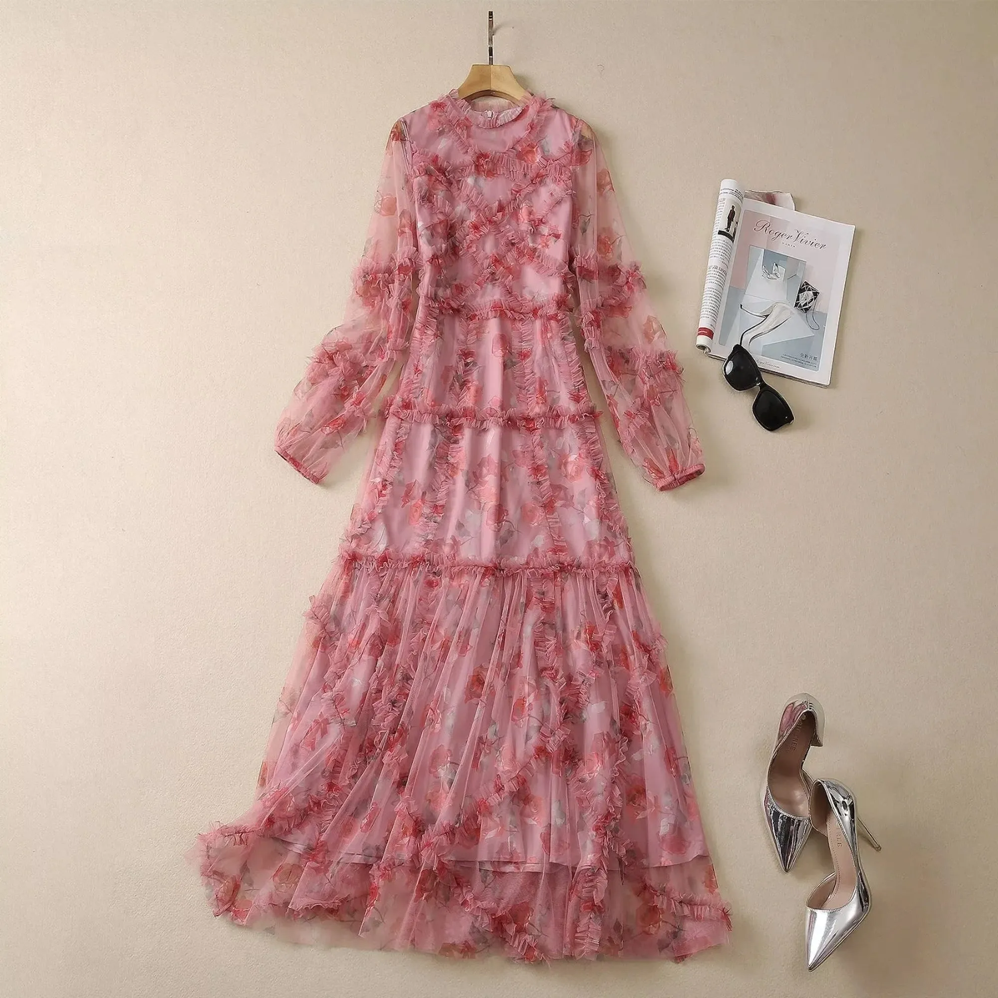Bohemian Floral Print Mesh Maxi Dress