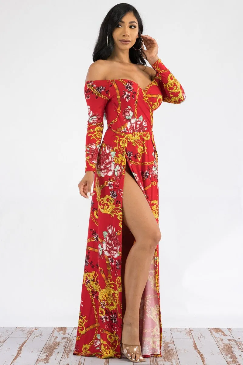 D7787 - Off The Shoulder Long Sleeve Maxi Dress
