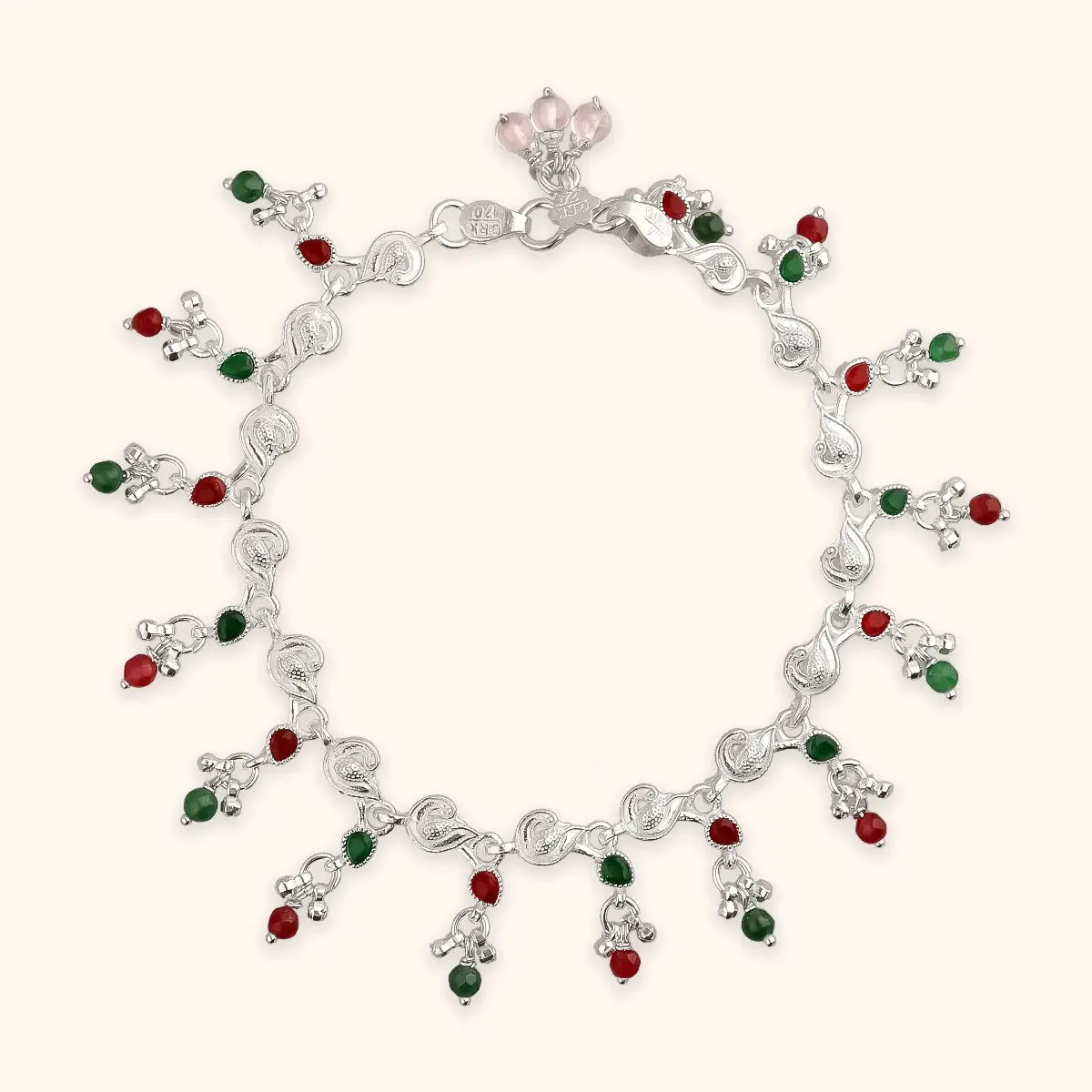 Green Red Dew Drops 925 Silver Payal / Anklet for Women