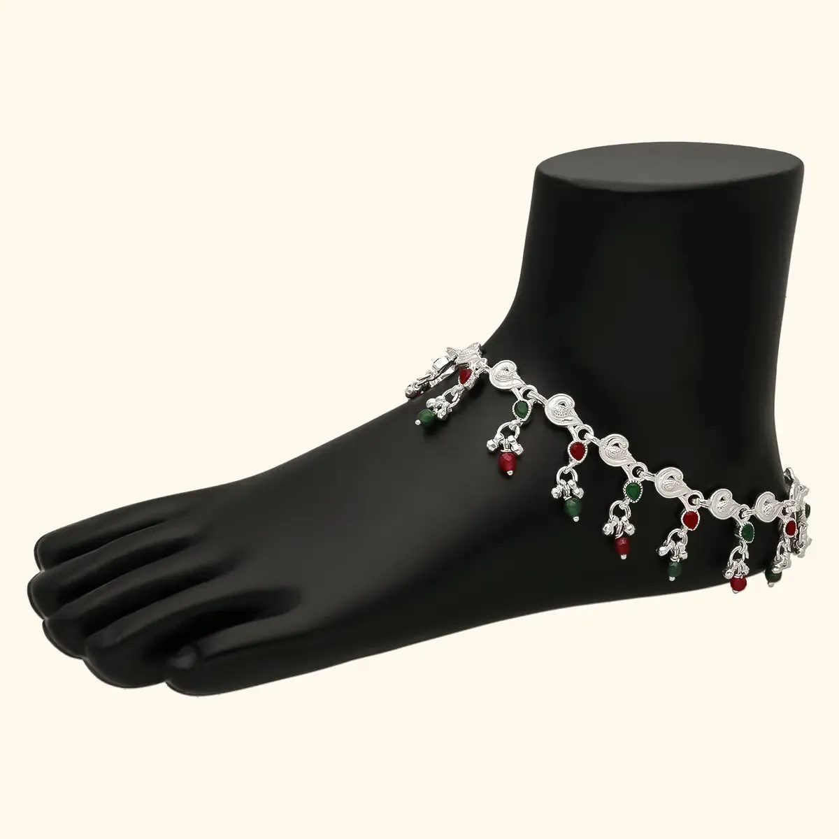 Green Red Dew Drops 925 Silver Payal / Anklet for Women