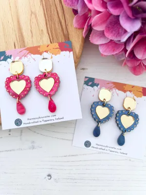 Heart Shaped Earrings in Blue and Pink