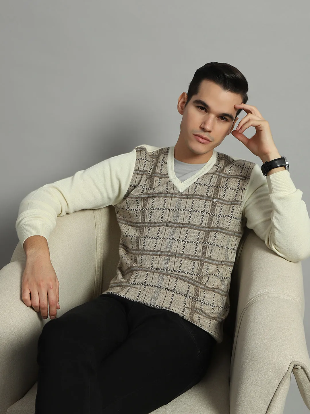 Men Cream Check V Neck Full Sleeve Pullover