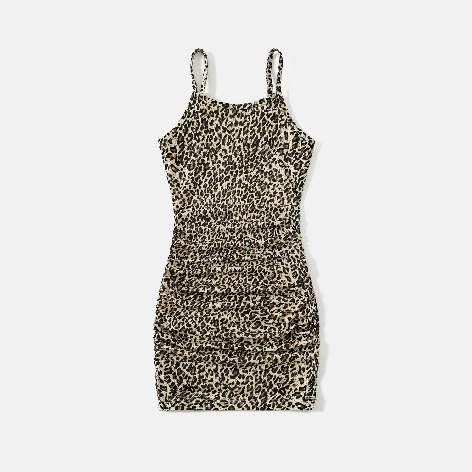 Mommy and Me Allover Leopard Pattern Drawstring Ruched Side Slip Bodycon Dresses