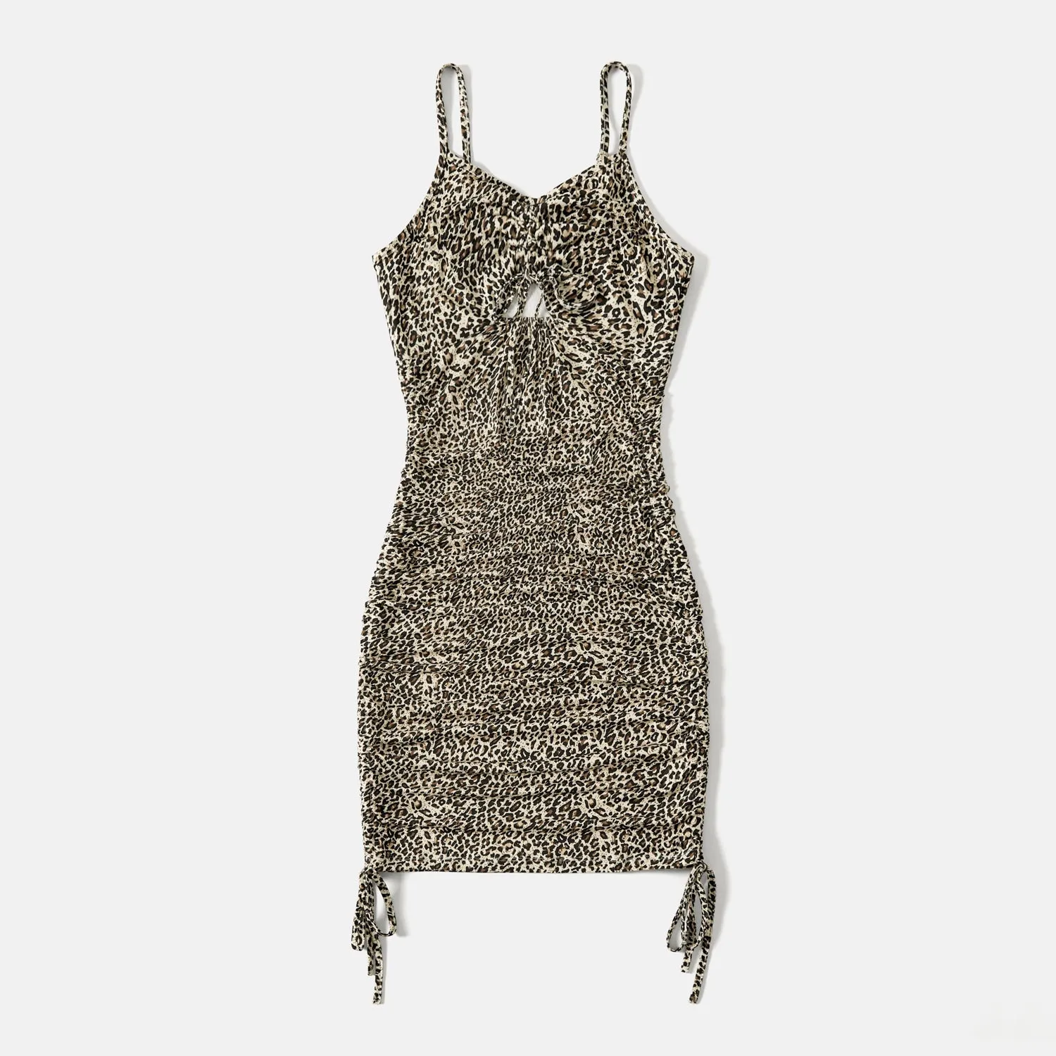 Mommy and Me Allover Leopard Pattern Drawstring Ruched Side Slip Bodycon Dresses