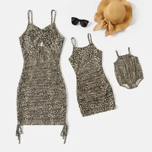 Mommy and Me Allover Leopard Pattern Drawstring Ruched Side Slip Bodycon Dresses