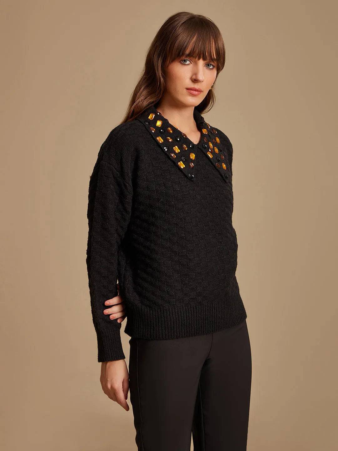Textured Pullover With Collar And Embellishment
