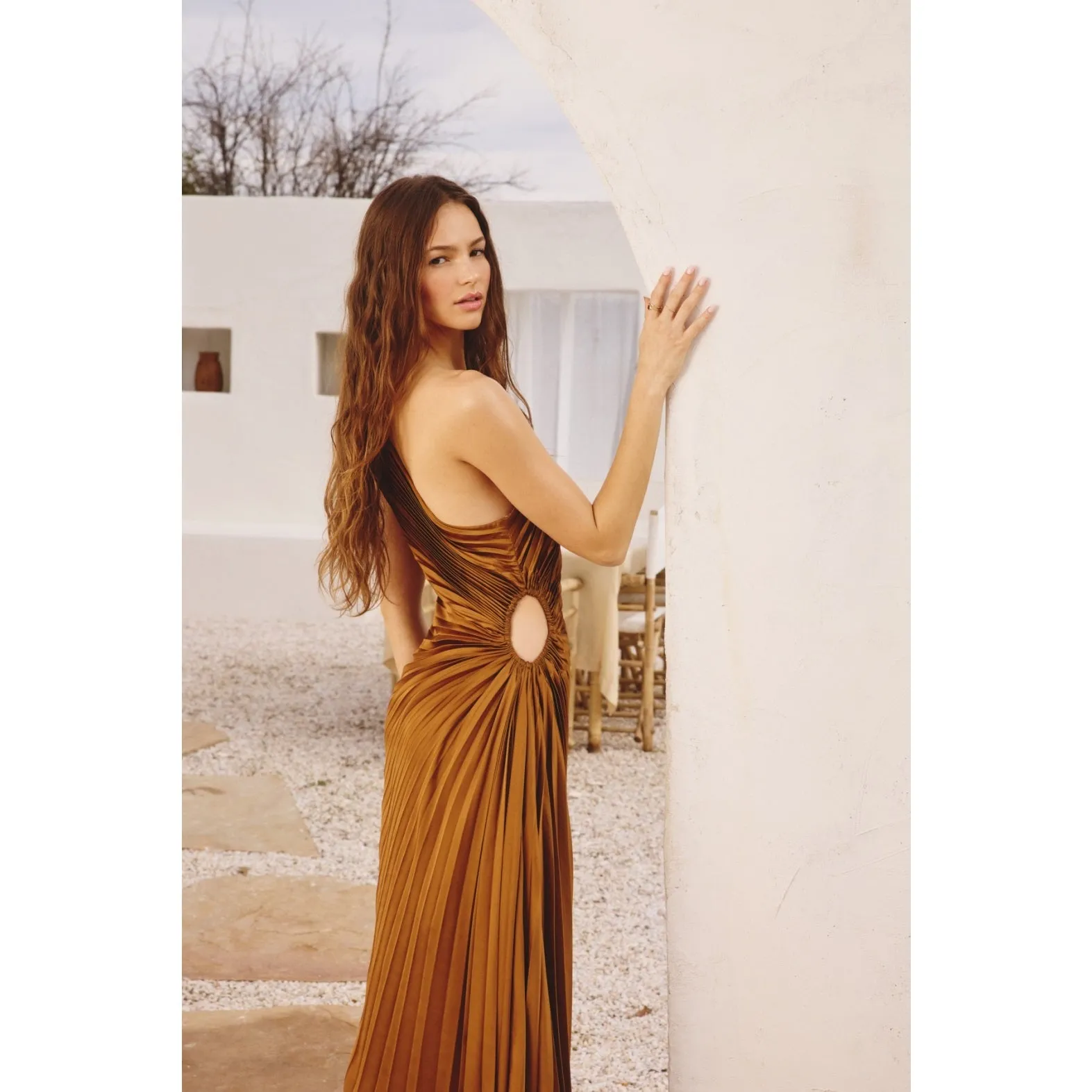 Women's Olympia Asymmetrical Pleated Maxi Dress in Golden Ochre